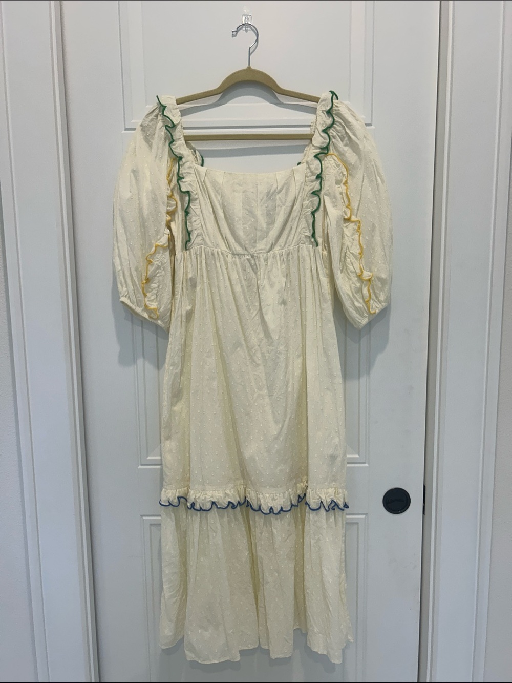 FARM Rio Cream Eyelet Ruffle Maxi Dress with Green and Yellow Trim